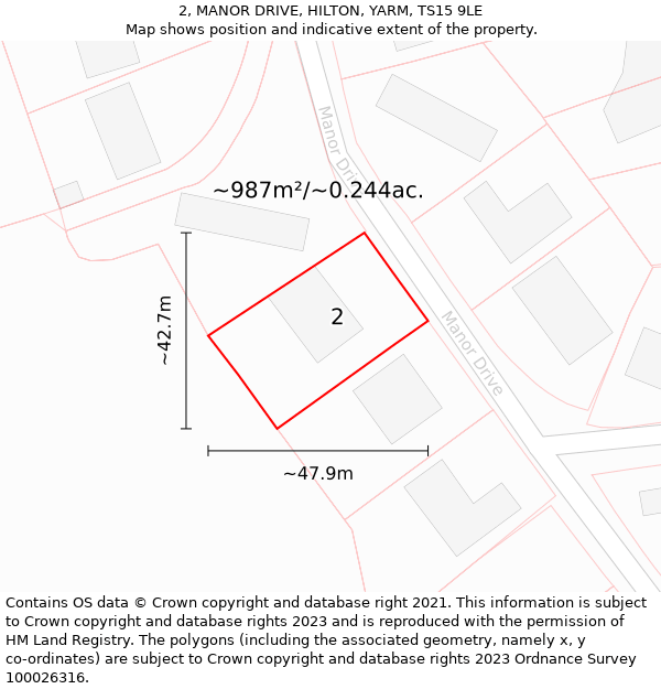 2, MANOR DRIVE, HILTON, YARM, TS15 9LE: Plot and title map