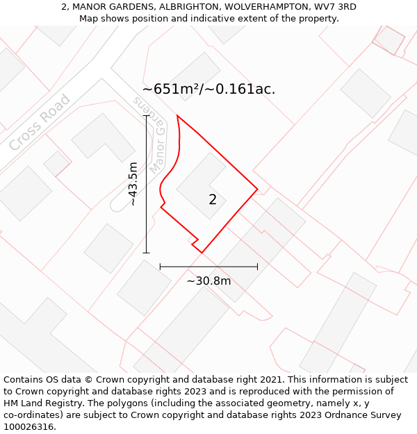 2, MANOR GARDENS, ALBRIGHTON, WOLVERHAMPTON, WV7 3RD: Plot and title map