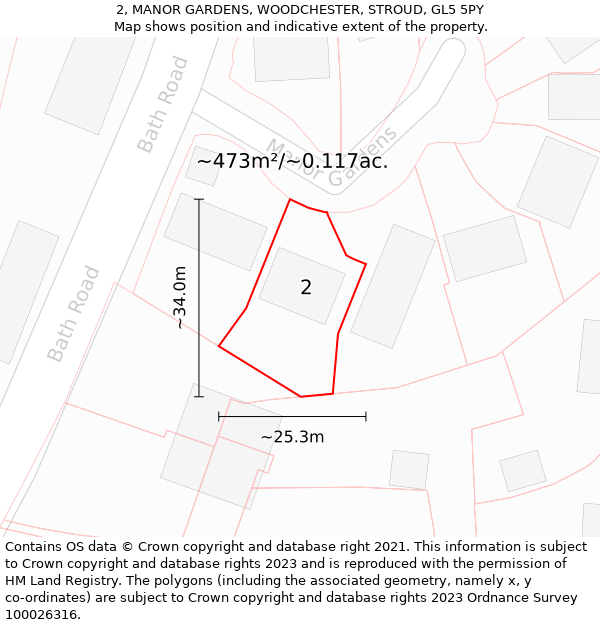 2, MANOR GARDENS, WOODCHESTER, STROUD, GL5 5PY: Plot and title map