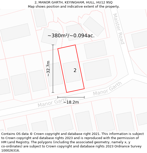 2, MANOR GARTH, KEYINGHAM, HULL, HU12 9SQ: Plot and title map