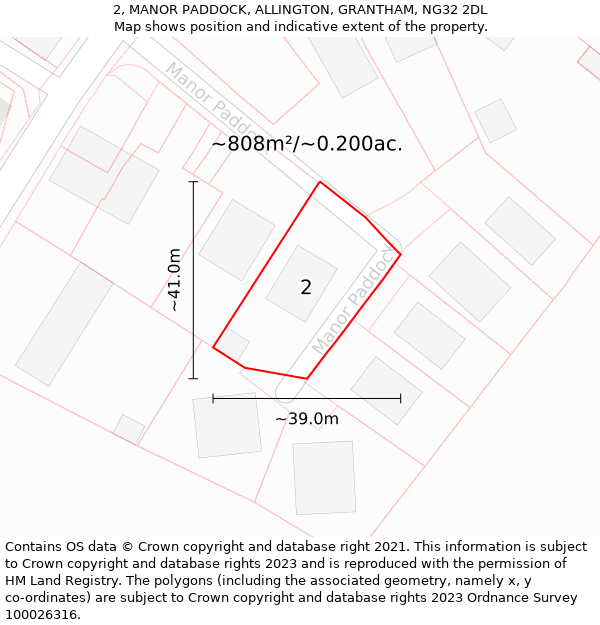 2, MANOR PADDOCK, ALLINGTON, GRANTHAM, NG32 2DL: Plot and title map