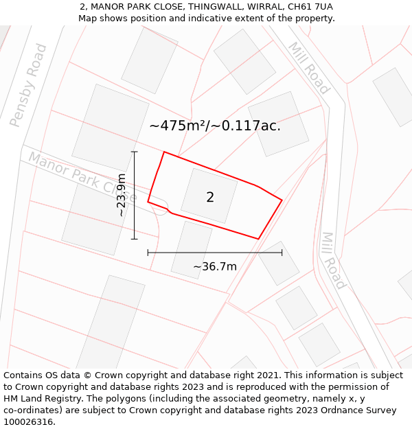 2, MANOR PARK CLOSE, THINGWALL, WIRRAL, CH61 7UA: Plot and title map