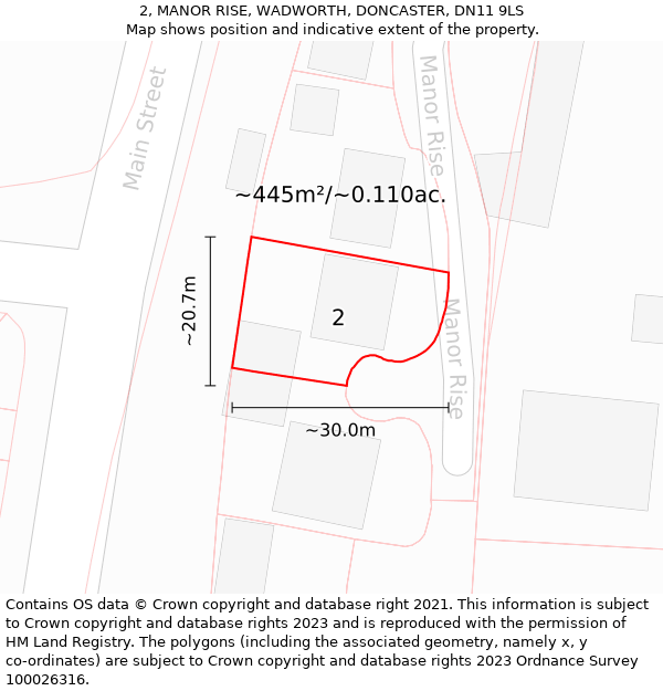 2, MANOR RISE, WADWORTH, DONCASTER, DN11 9LS: Plot and title map