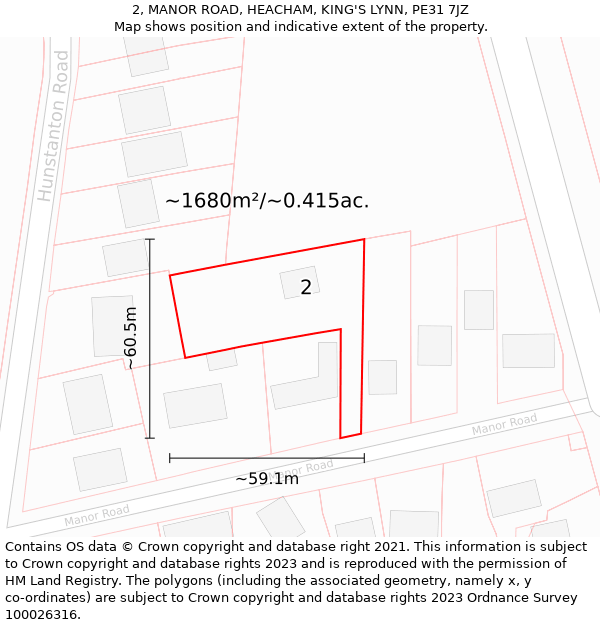 2, MANOR ROAD, HEACHAM, KING'S LYNN, PE31 7JZ: Plot and title map