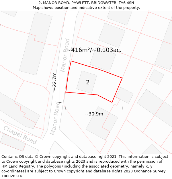 2, MANOR ROAD, PAWLETT, BRIDGWATER, TA6 4SN: Plot and title map