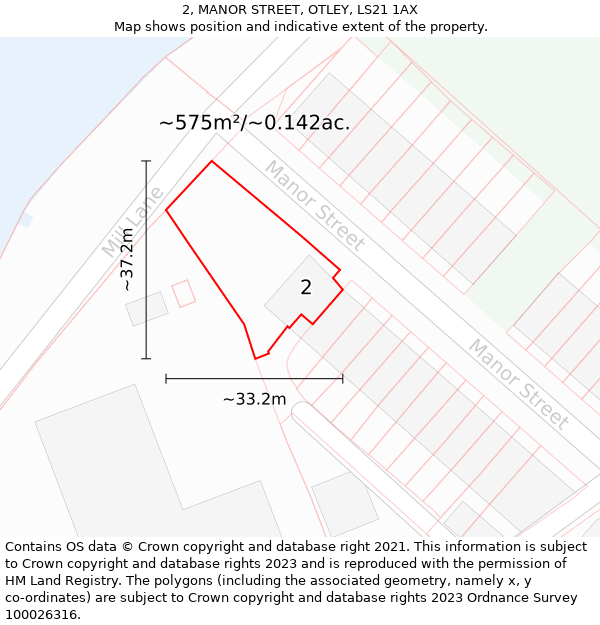 2, MANOR STREET, OTLEY, LS21 1AX: Plot and title map