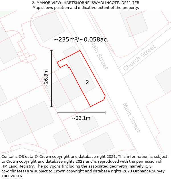 2, MANOR VIEW, HARTSHORNE, SWADLINCOTE, DE11 7EB: Plot and title map