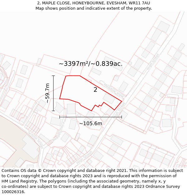 2, MAPLE CLOSE, HONEYBOURNE, EVESHAM, WR11 7AU: Plot and title map