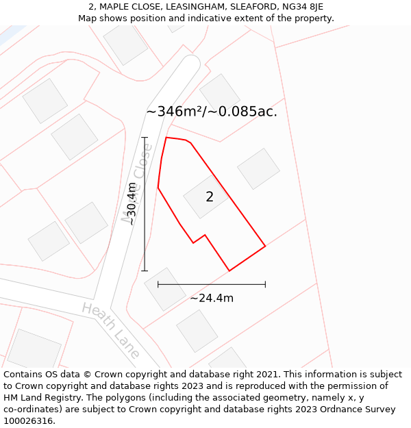 2, MAPLE CLOSE, LEASINGHAM, SLEAFORD, NG34 8JE: Plot and title map