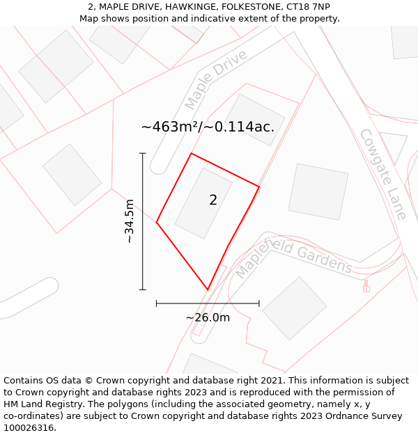 2, MAPLE DRIVE, HAWKINGE, FOLKESTONE, CT18 7NP: Plot and title map