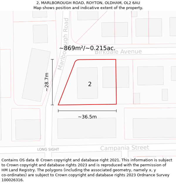 2, MARLBOROUGH ROAD, ROYTON, OLDHAM, OL2 6AU: Plot and title map