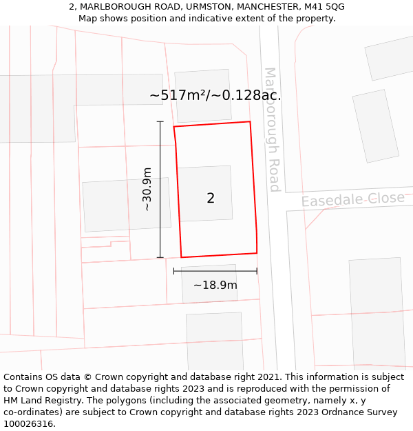 2, MARLBOROUGH ROAD, URMSTON, MANCHESTER, M41 5QG: Plot and title map