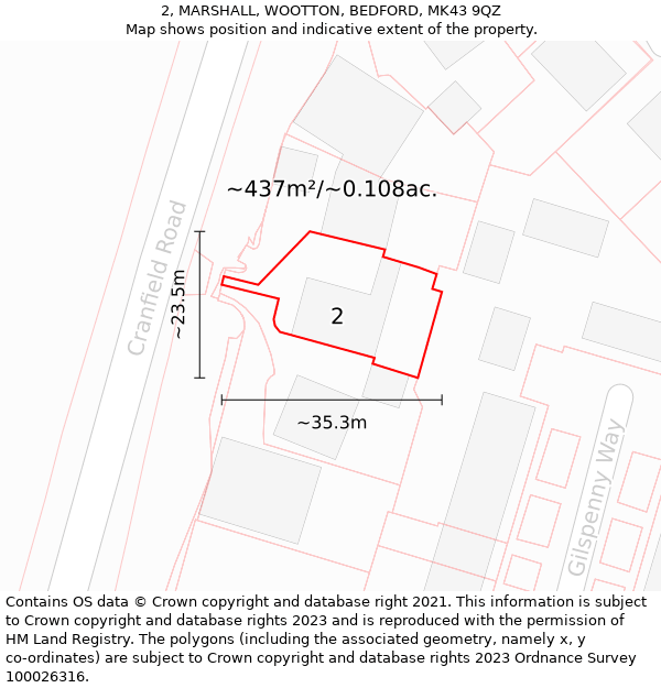 2, MARSHALL, WOOTTON, BEDFORD, MK43 9QZ: Plot and title map