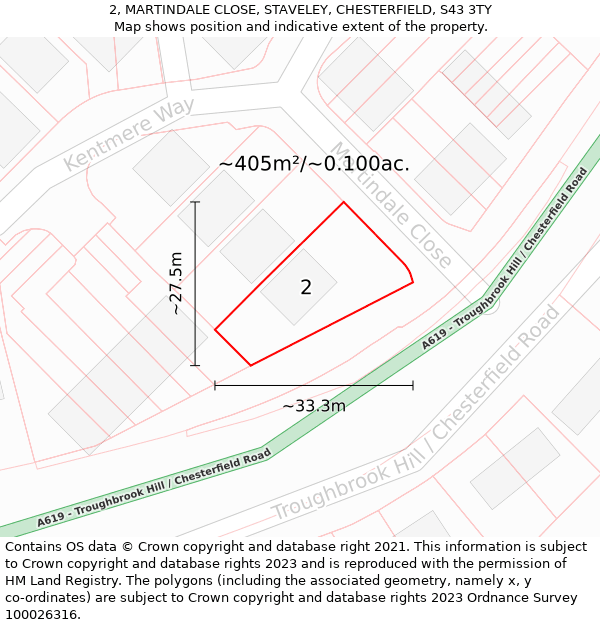 2, MARTINDALE CLOSE, STAVELEY, CHESTERFIELD, S43 3TY: Plot and title map