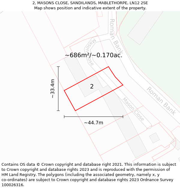 2, MASONS CLOSE, SANDILANDS, MABLETHORPE, LN12 2SE: Plot and title map