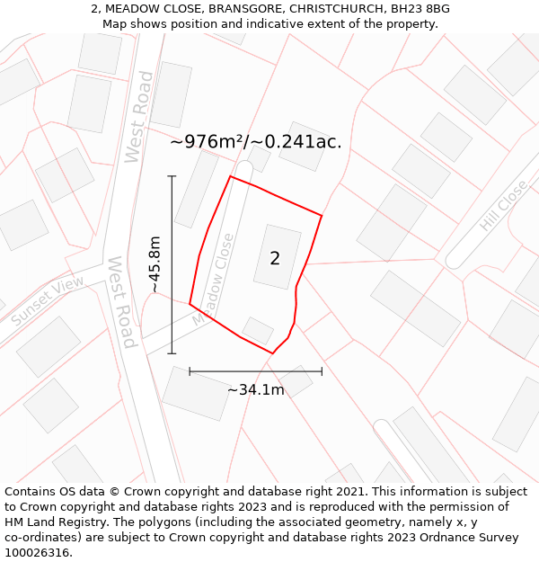 2, MEADOW CLOSE, BRANSGORE, CHRISTCHURCH, BH23 8BG: Plot and title map