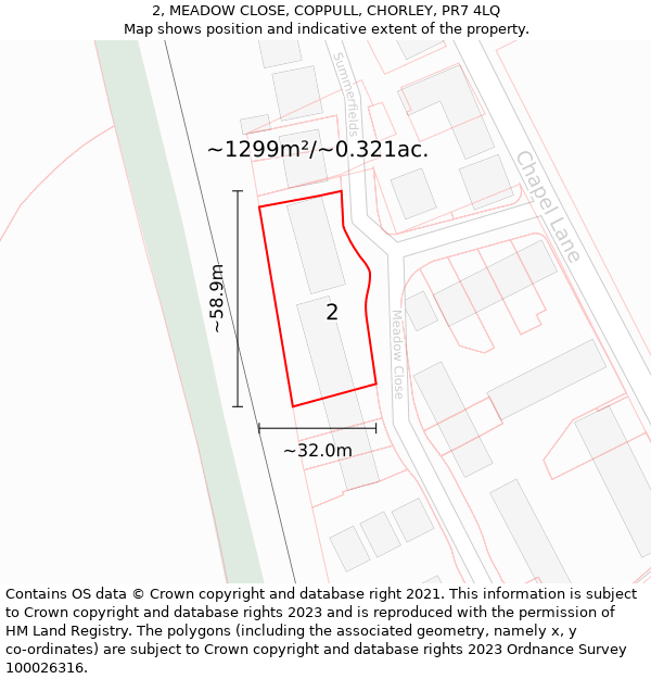 2, MEADOW CLOSE, COPPULL, CHORLEY, PR7 4LQ: Plot and title map