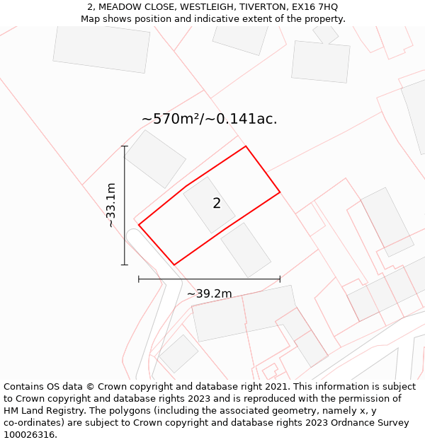 2, MEADOW CLOSE, WESTLEIGH, TIVERTON, EX16 7HQ: Plot and title map