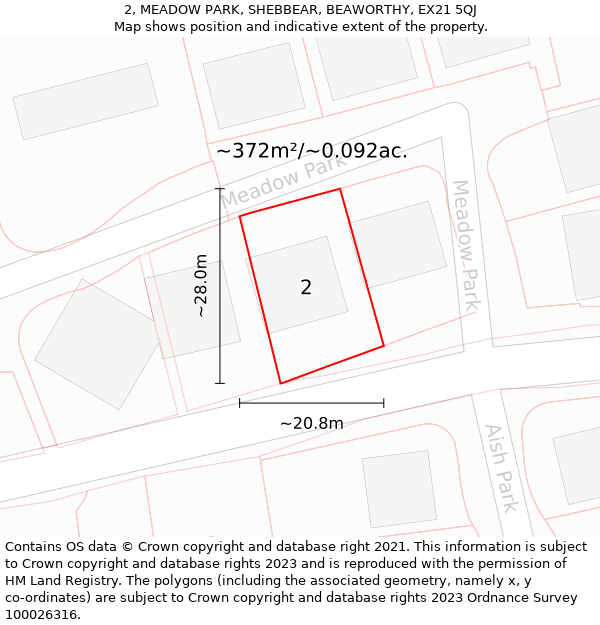 2, MEADOW PARK, SHEBBEAR, BEAWORTHY, EX21 5QJ: Plot and title map