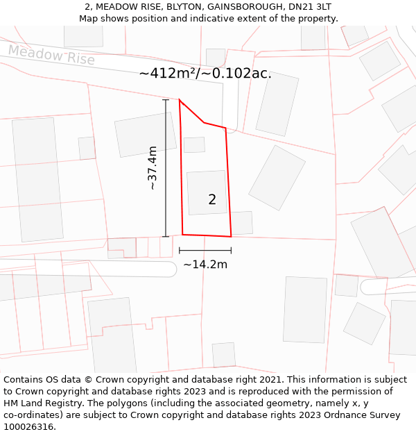 2, MEADOW RISE, BLYTON, GAINSBOROUGH, DN21 3LT: Plot and title map