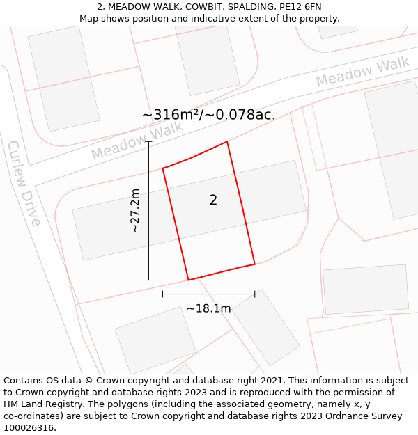 2, MEADOW WALK, COWBIT, SPALDING, PE12 6FN: Plot and title map