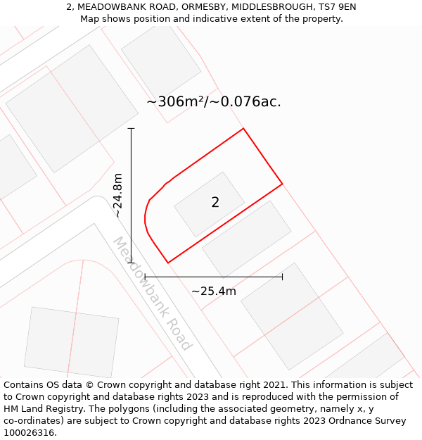 2, MEADOWBANK ROAD, ORMESBY, MIDDLESBROUGH, TS7 9EN: Plot and title map