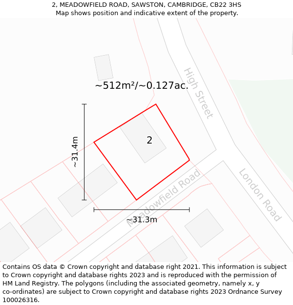 2, MEADOWFIELD ROAD, SAWSTON, CAMBRIDGE, CB22 3HS: Plot and title map