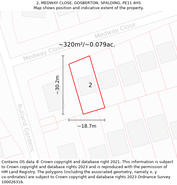 2, MEDWAY CLOSE, GOSBERTON, SPALDING, PE11 4HS: Plot and title map