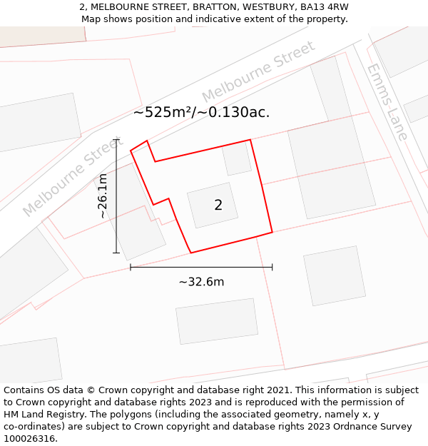 2, MELBOURNE STREET, BRATTON, WESTBURY, BA13 4RW: Plot and title map