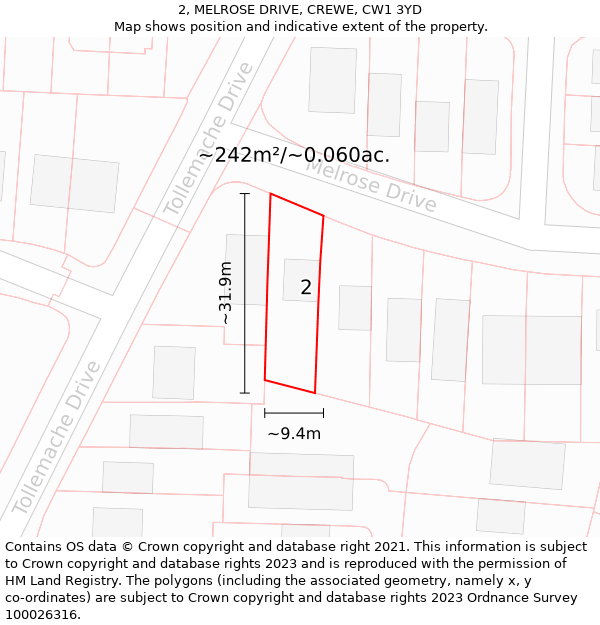 2, MELROSE DRIVE, CREWE, CW1 3YD: Plot and title map