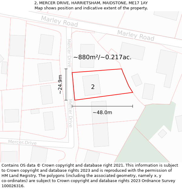 2, MERCER DRIVE, HARRIETSHAM, MAIDSTONE, ME17 1AY: Plot and title map