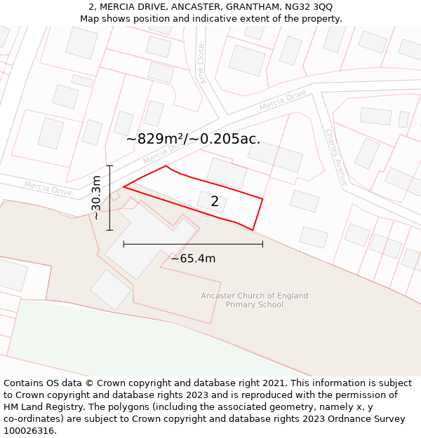 2, MERCIA DRIVE, ANCASTER, GRANTHAM, NG32 3QQ: Plot and title map