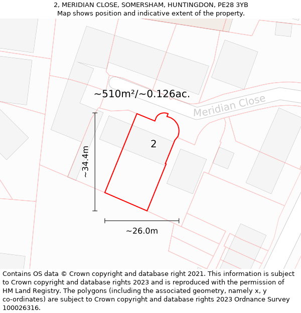 2, MERIDIAN CLOSE, SOMERSHAM, HUNTINGDON, PE28 3YB: Plot and title map