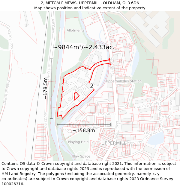 2, METCALF MEWS, UPPERMILL, OLDHAM, OL3 6DN: Plot and title map