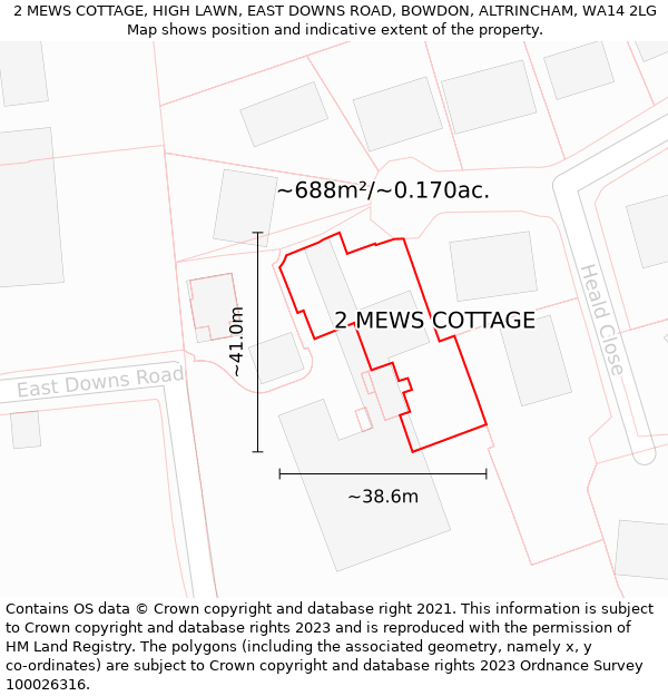 2 MEWS COTTAGE, HIGH LAWN, EAST DOWNS ROAD, BOWDON, ALTRINCHAM, WA14 2LG: Plot and title map