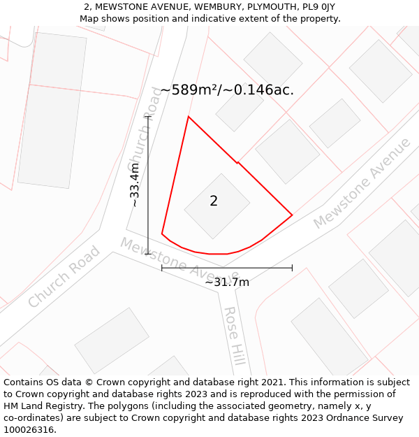 2, MEWSTONE AVENUE, WEMBURY, PLYMOUTH, PL9 0JY: Plot and title map