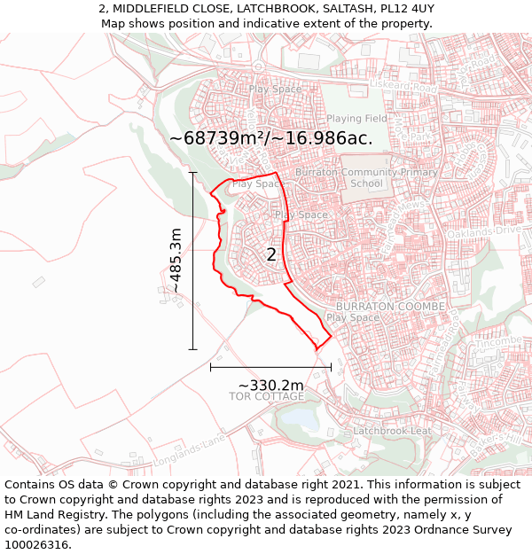 2, MIDDLEFIELD CLOSE, LATCHBROOK, SALTASH, PL12 4UY: Plot and title map