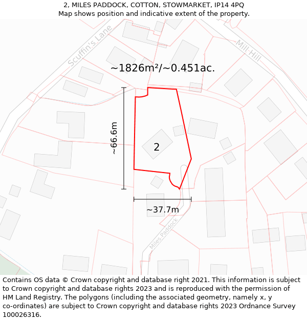 2, MILES PADDOCK, COTTON, STOWMARKET, IP14 4PQ: Plot and title map