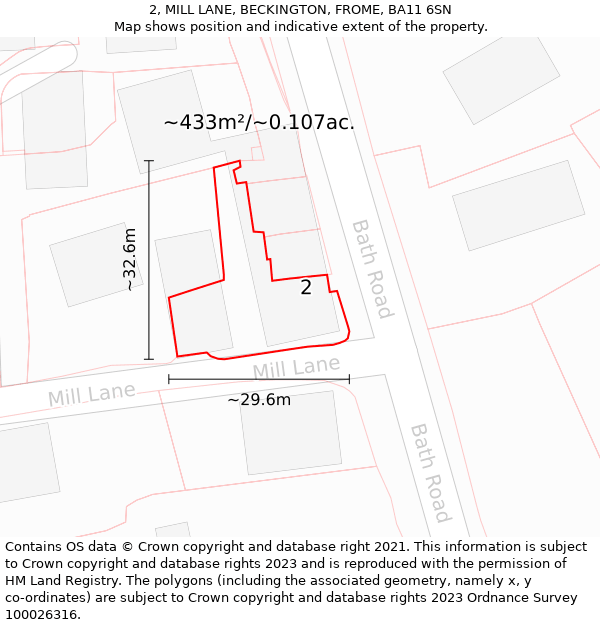 2, MILL LANE, BECKINGTON, FROME, BA11 6SN: Plot and title map