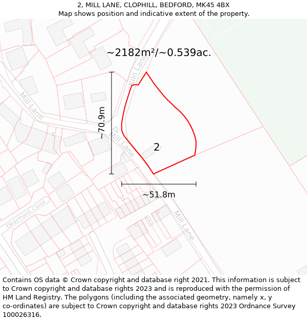 2, MILL LANE, CLOPHILL, BEDFORD, MK45 4BX: Plot and title map