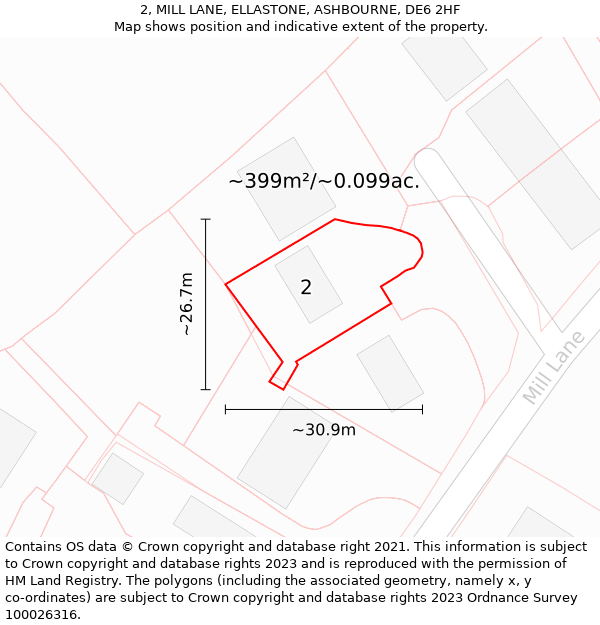 2, MILL LANE, ELLASTONE, ASHBOURNE, DE6 2HF: Plot and title map