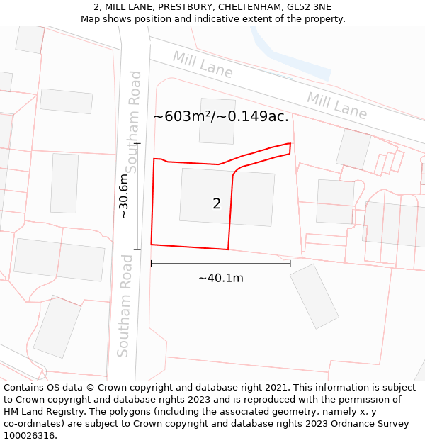 2, MILL LANE, PRESTBURY, CHELTENHAM, GL52 3NE: Plot and title map