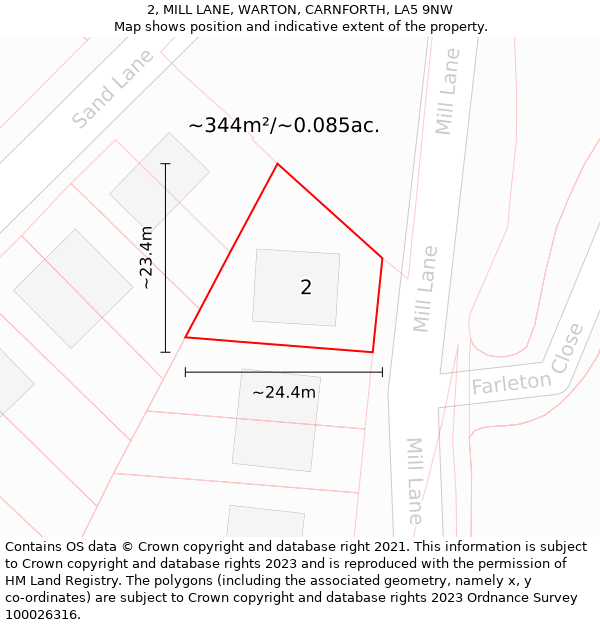 2, MILL LANE, WARTON, CARNFORTH, LA5 9NW: Plot and title map