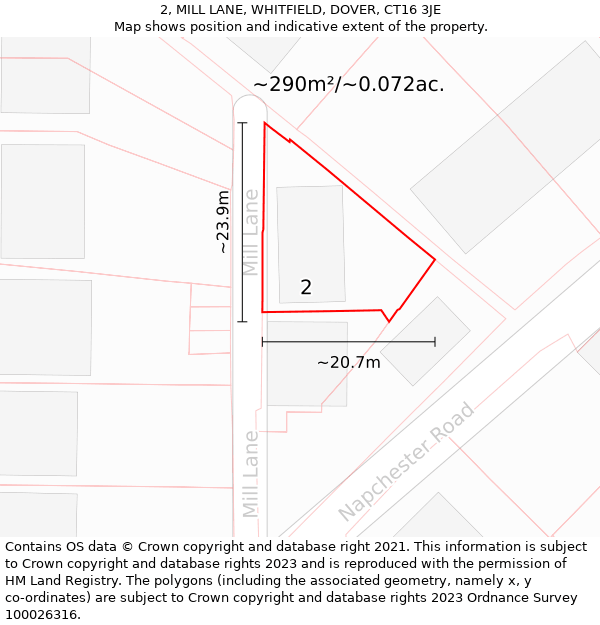 2, MILL LANE, WHITFIELD, DOVER, CT16 3JE: Plot and title map