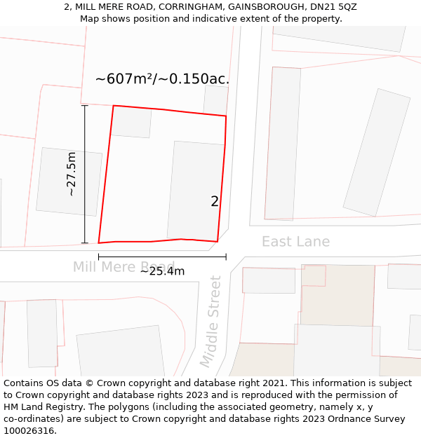 2, MILL MERE ROAD, CORRINGHAM, GAINSBOROUGH, DN21 5QZ: Plot and title map