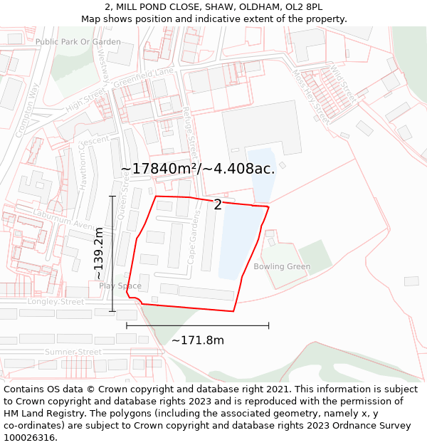 2, MILL POND CLOSE, SHAW, OLDHAM, OL2 8PL: Plot and title map