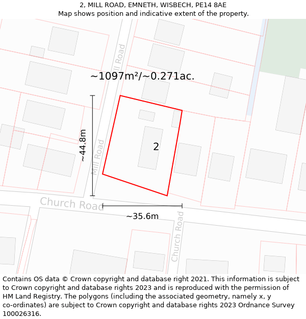 2, MILL ROAD, EMNETH, WISBECH, PE14 8AE: Plot and title map