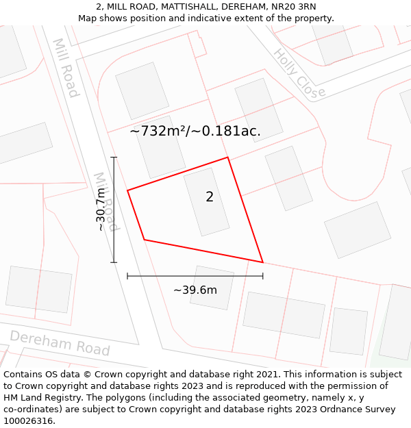 2, MILL ROAD, MATTISHALL, DEREHAM, NR20 3RN: Plot and title map