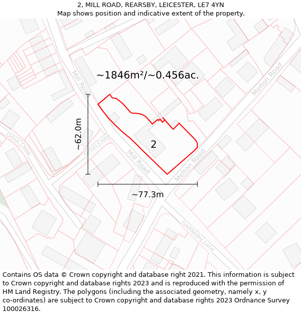 2, MILL ROAD, REARSBY, LEICESTER, LE7 4YN: Plot and title map