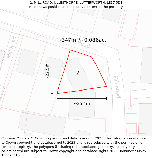 2, MILL ROAD, ULLESTHORPE, LUTTERWORTH, LE17 5DE: Plot and title map